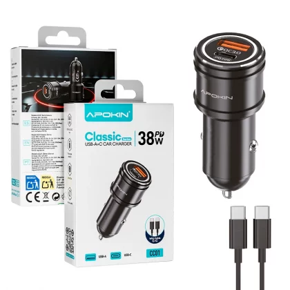 CARGADOR COMPLETO 38W USB-A + C PARA COCHE APOKIN