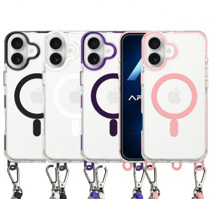 FUNDA ACRÍLICA TRANSPARENTE CON MAGSAFE Y CORDON PARA IPHONE 16