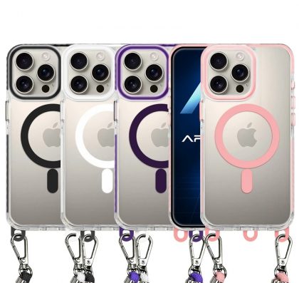 FUNDA ACRÍLICA TRANSPARENTE CON MAGSAFE Y CORDON PARA IPHONE 16 PRO
